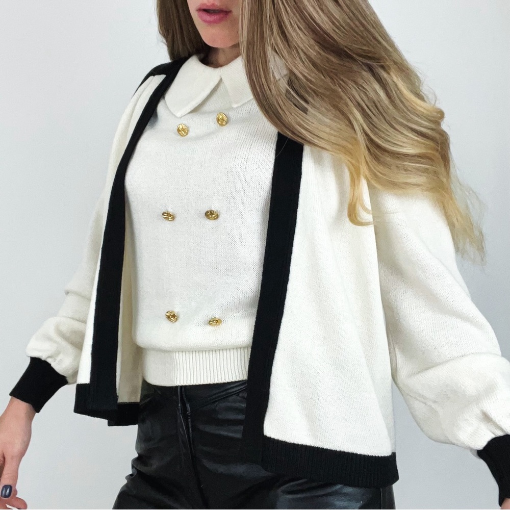 Vintage 80’s Contrast Cardigan + Knit Collared Top Set | Size M